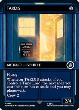 Doctor Who MTG Commander 세트의 TARDIS 카드를 통해 한쪽 문이 열려 있는 TARDIS 이미지