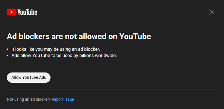 YouTube에서는 광고 차단기가 허용되지 않습니다.