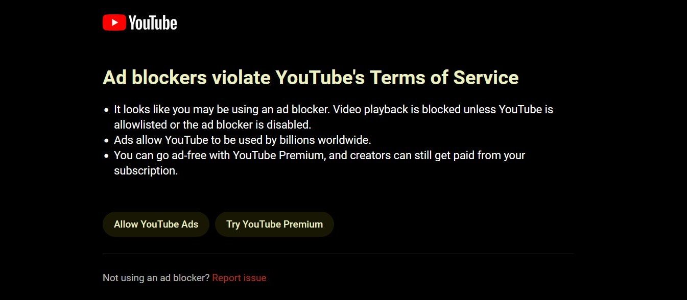 광고 차단기는 YouTube 서비스 약관을 위반합니다.