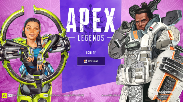 Conduit 및 Gibraltar가 포함된 Apex Legends의 로그인 화면.