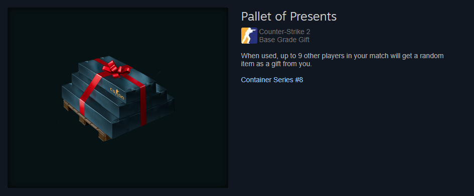 Steam 커뮤니티 마켓플레이스에 Pallet of Presents 케이스가 등록되어 있습니다.