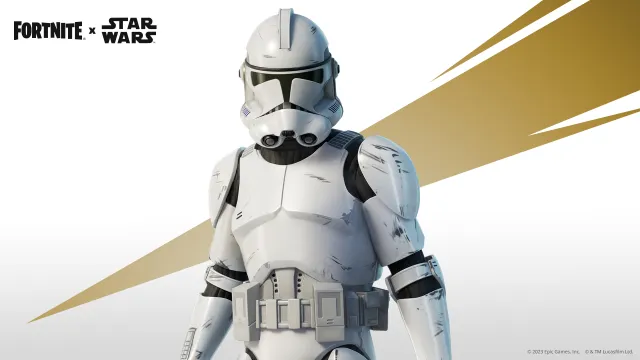 흰색 배경 앞에서 포즈를 취하는 Fortnite의 Clone Trooper 복장