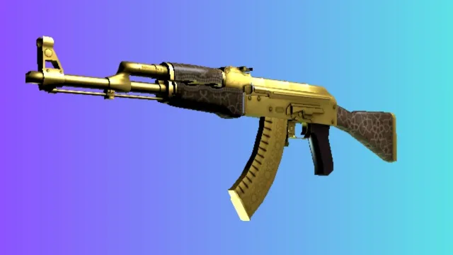 파란색과 보라색 그라데이션 배경에 잡지의 복잡한 황금색 패턴이 특징인 '골드 아라베스크' 스킨을 갖춘 AK-47입니다.