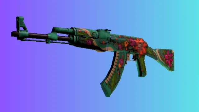 'Fire Serpent' 스킨을 갖춘 AK-47은 파란색과 보라색 그라데이션 배경에 녹색 색조와 빨간색 꽃 무늬 모티브가 있는 생동감 넘치는 디자인을 선보입니다.