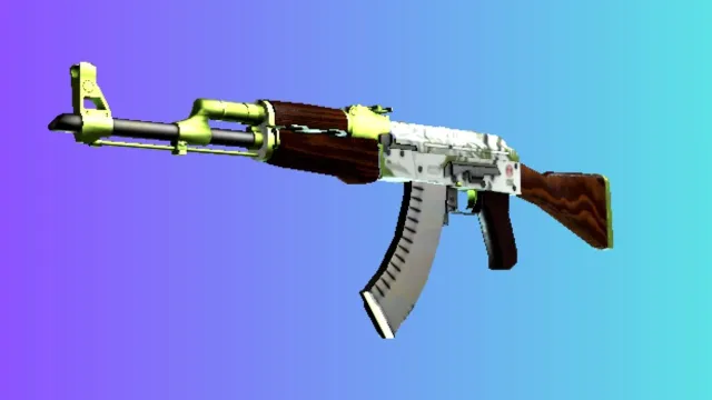 '수경법' 스킨을 갖춘 AK-47은 흰색과 녹색 색상 구성에 밝은 라임색 액센트가 있고 파란색과 보라색 그라데이션 배경이 특징입니다.