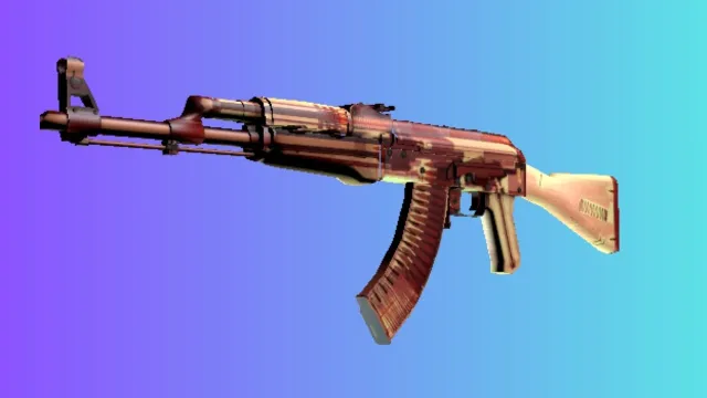 파란색과 보라색 그라데이션 배경에 내부 메커니즘을 드러내는 반투명 빨간색 디자인을 나타내는 'X-Ray' 스킨을 갖춘 AK-47입니다.