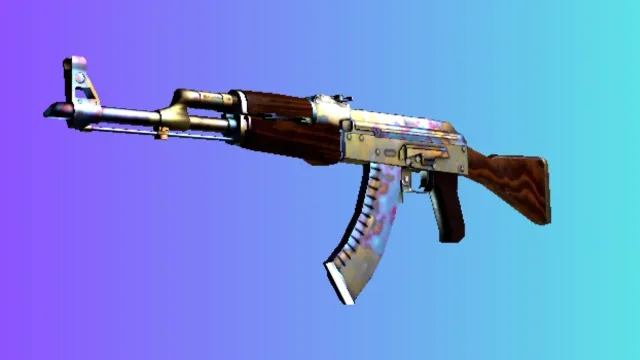 '케이스 강화' 스킨을 갖춘 AK-47은 파란색과 보라색 그라데이션 배경에 금속 부품에 청자색 녹청의 독특한 혼합을 보여줍니다.