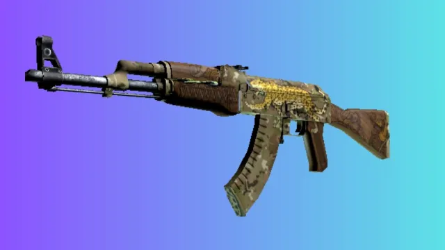 파란색과 보라색 그라데이션 배경에 재규어의 털에서 영감을 받은 패턴이 특징인 '판테라 온카(Pantera Onca)' 스킨을 갖춘 AK-47입니다.