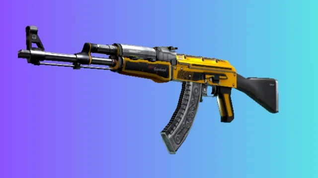 '연료 인젝터' 스킨을 갖춘 AK-47은 선명한 노란색과 검은색 및 빨간색 디테일이 특징이며 그라데이션 파란색과 보라색 배경에 설정되어 있습니다.