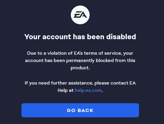 플레이어에게 계정 금지를 알리는 EA 메시지