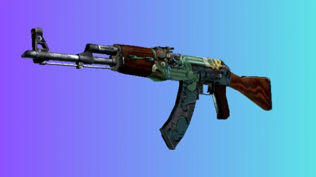 녹색 및 파란색 색상 구성과 꽃무늬가 특징인 'Wild Lotus' 스킨을 갖춘 AK-47은 그라데이션 파란색 및 보라색 배경에 표시됩니다.