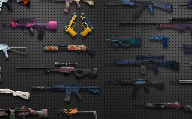 다양한 페인트 마감으로 벽에 걸린 다양한 카운터 스트라이크 무기.