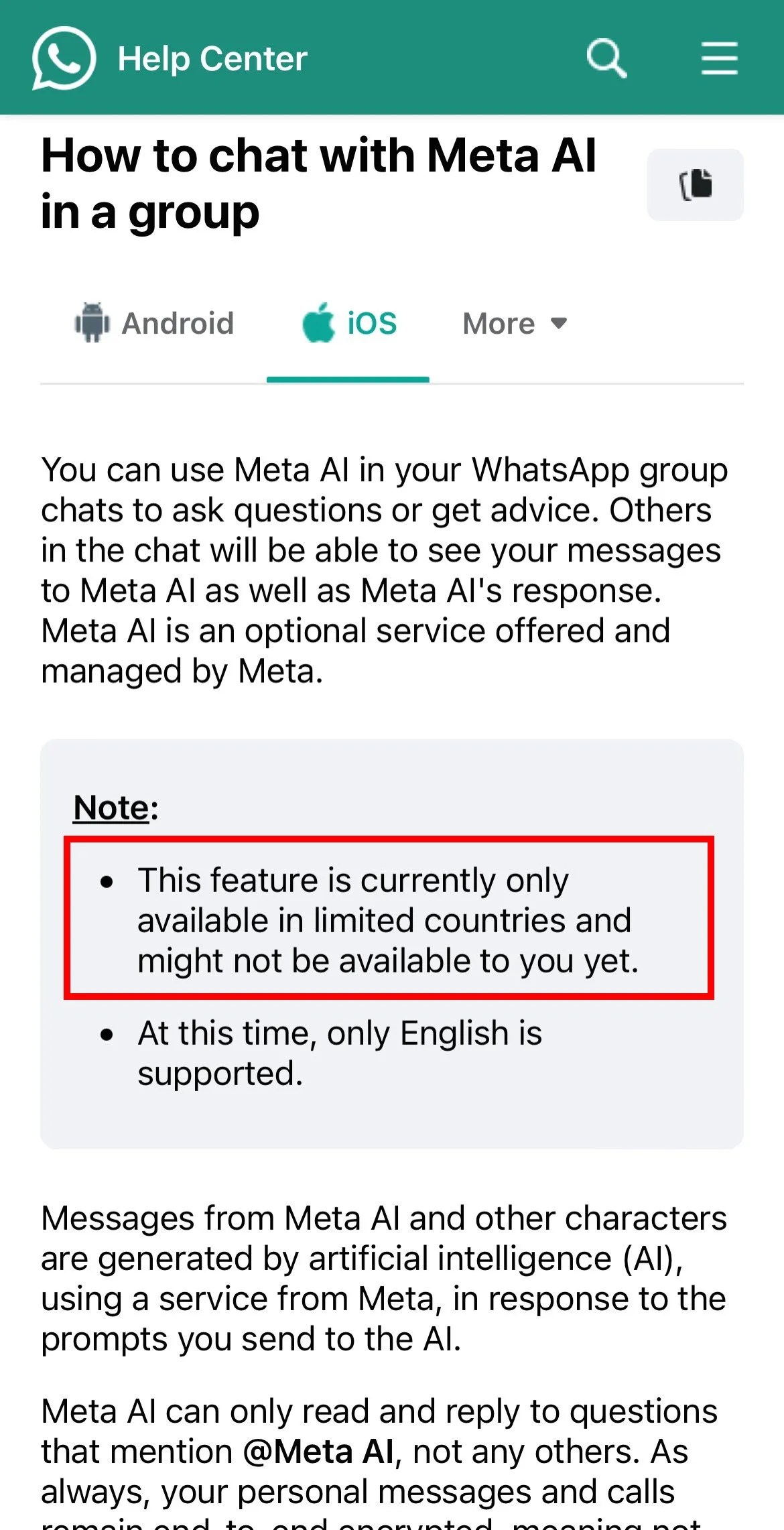 Meta AI가 WhatsApp을 표시하지 않음
